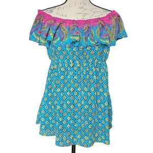 Bisou Bisou Maternity Women's Size Medium Pink Blue Green Flowy Off Shoulder Top